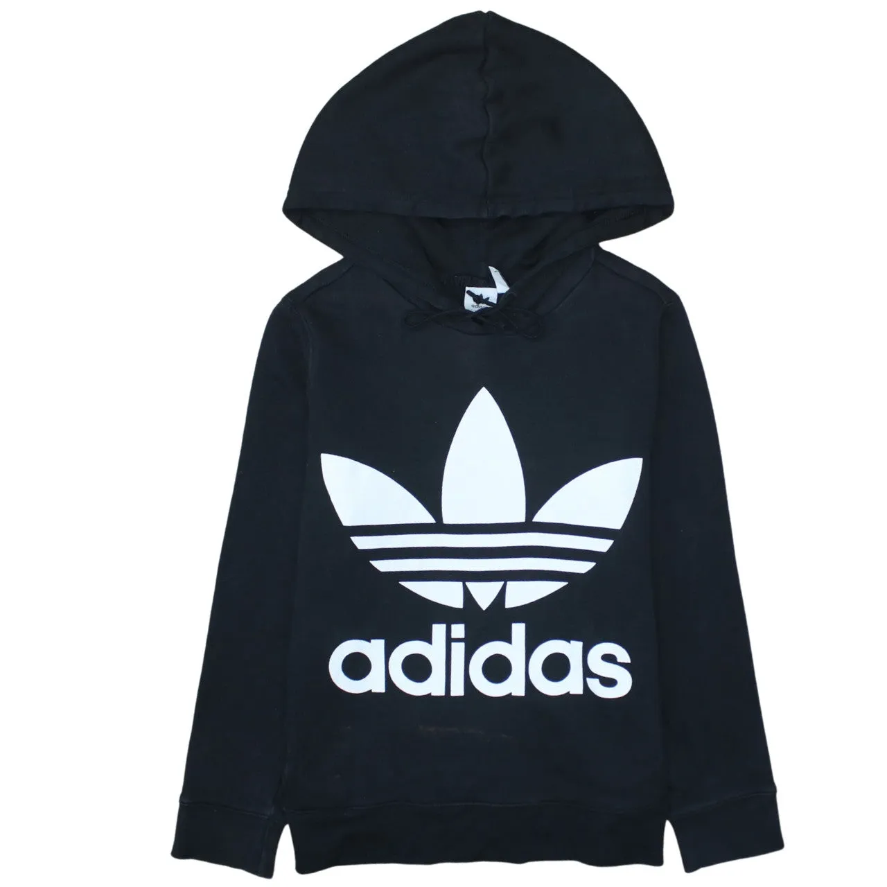Adidas Black Hoodie Women’s Small Trefoil Printed Logo Drawstring Hood Pullover Sweatshirt sold by Vintage Club