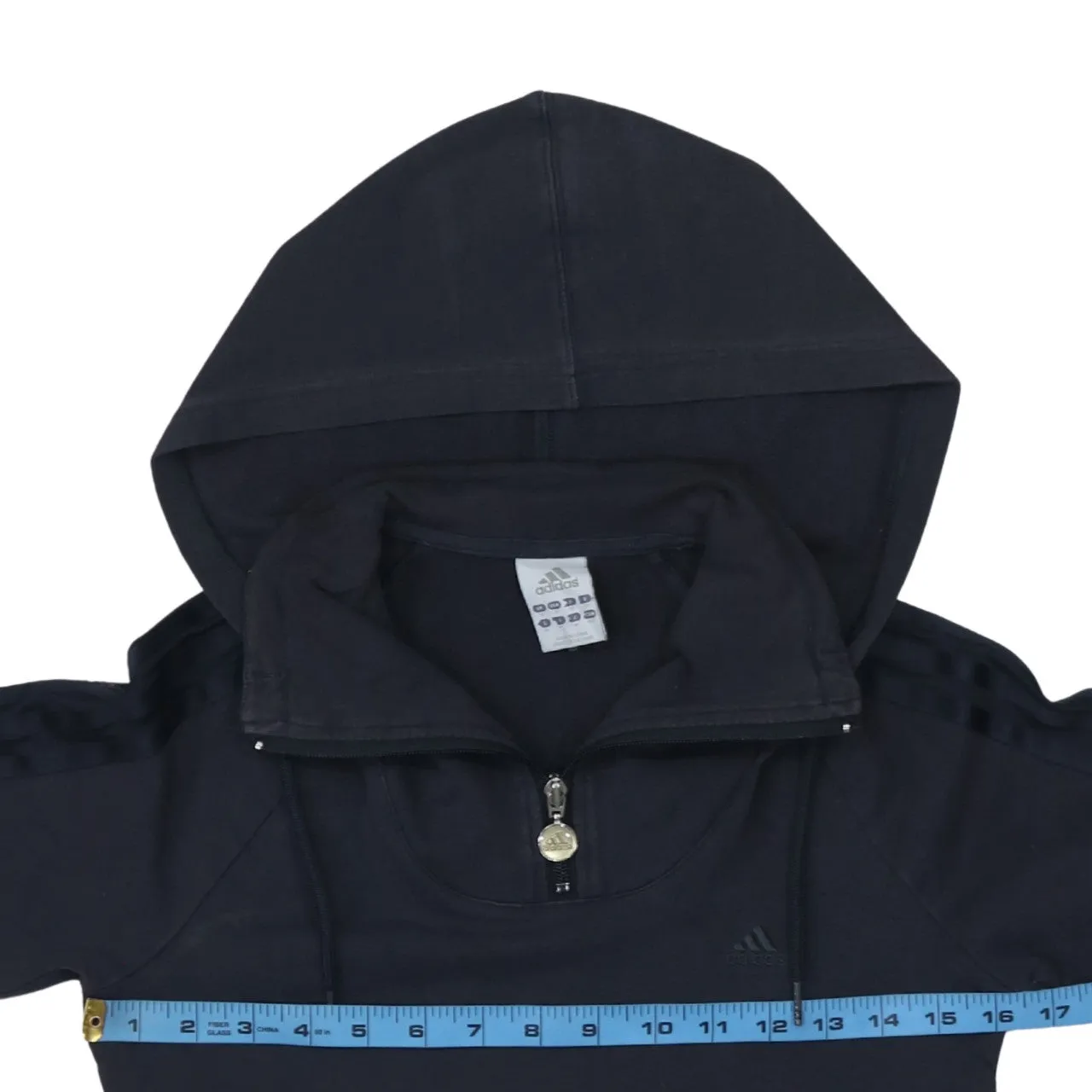 Adidas Black Hoodie Women’s Small Quarter Zip Three Stripe Sleeves Kangaroo Pocket Sweatshirt sold by Vintage Club product image thumbnail 5