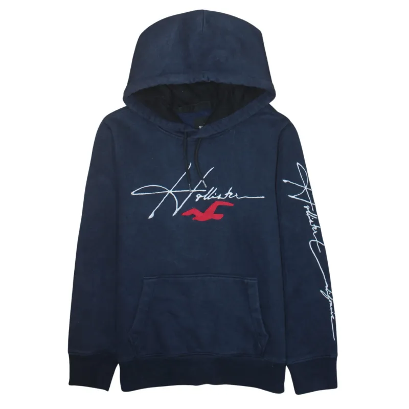 Hollister Navy Blue Hoodie Men's XSmall Embroidered Script Logo Front Pocket Pullover Sweatshirt sold by Vintage Club
