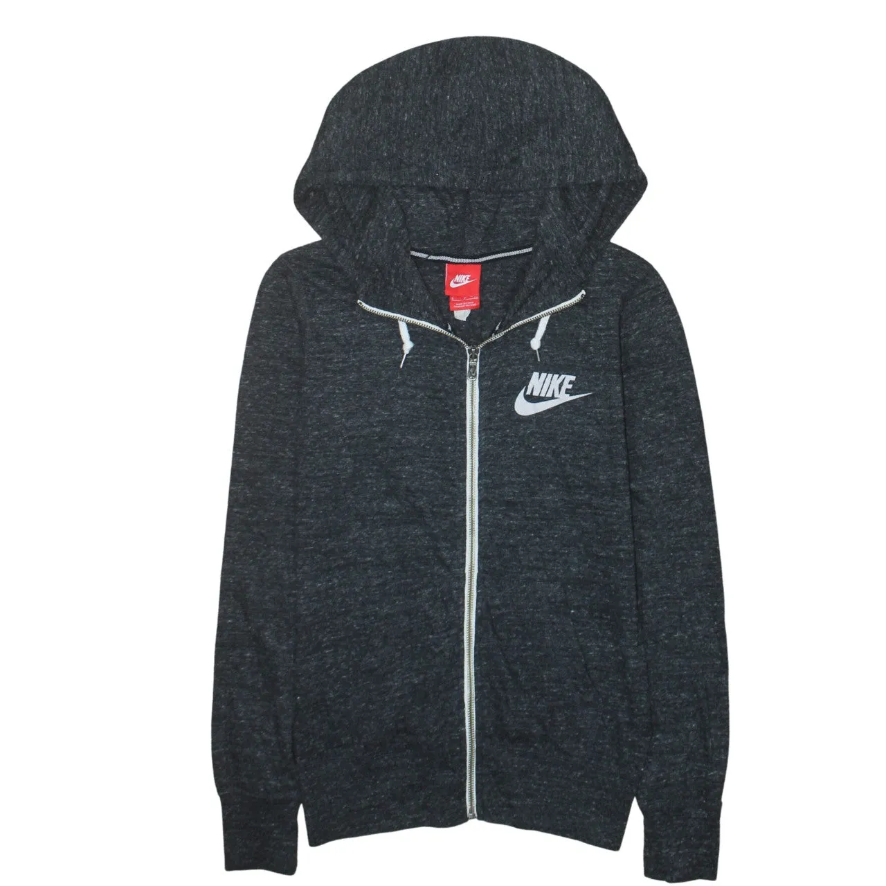 Nike Charcoal Full Zip Hoodie Women’s Small Printed Swoosh Logo Drawstring Hood Sweatshirt sold by Vintage Club