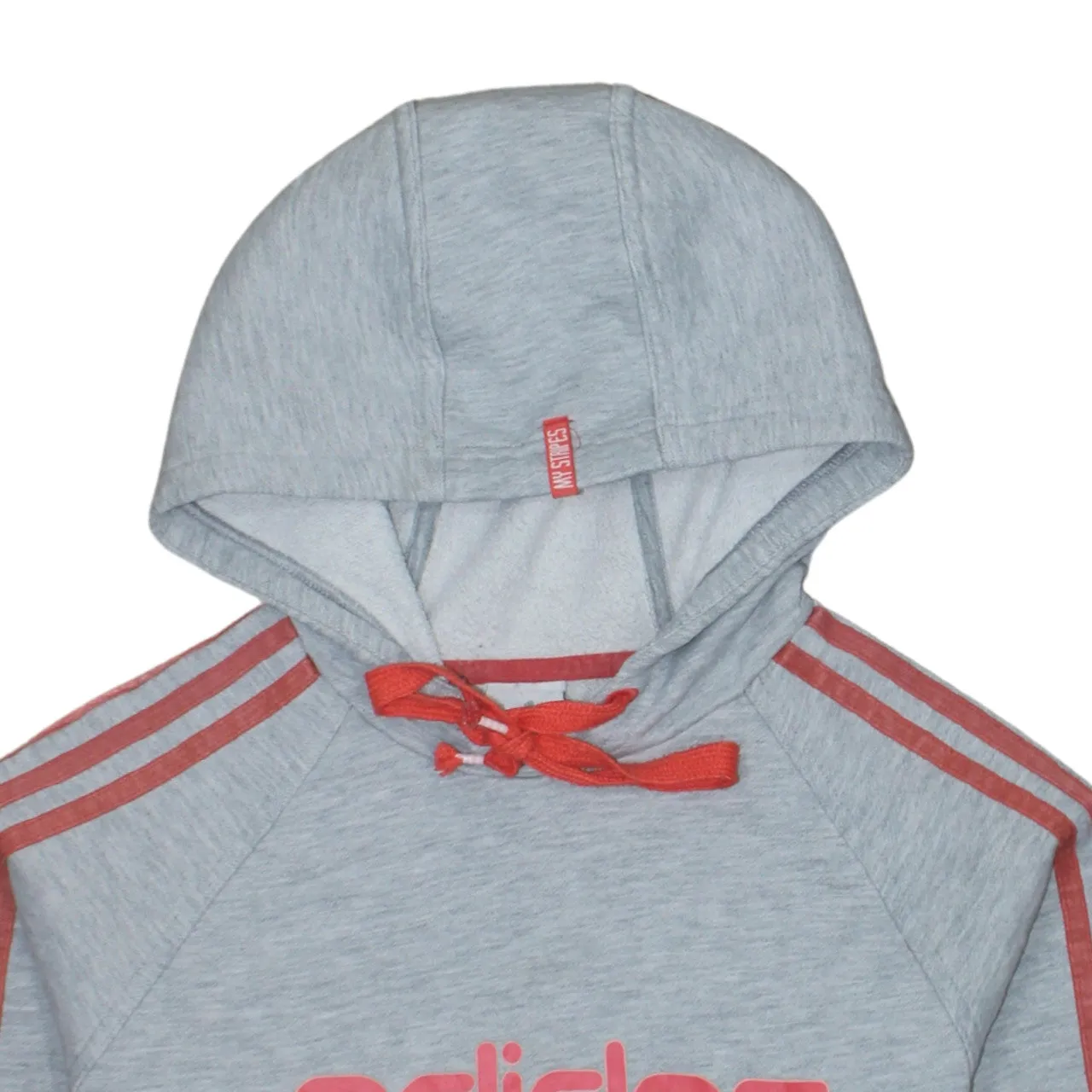 Adidas Grey Hoodie Women’s Small Printed Logo Red Three Stripe Sleeves Pullover Sweatshirt sold by Vintage Club product image thumbnail 3