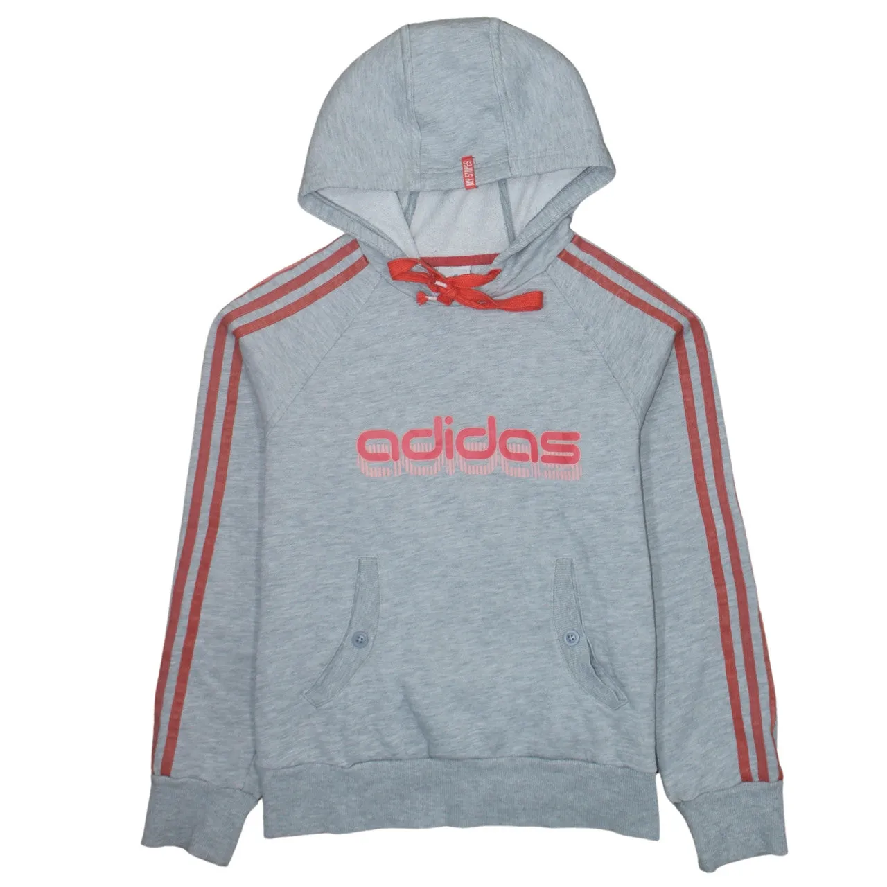 Adidas Grey Hoodie Women’s Small Printed Logo Red Three Stripe Sleeves Pullover Sweatshirt sold by Vintage Club