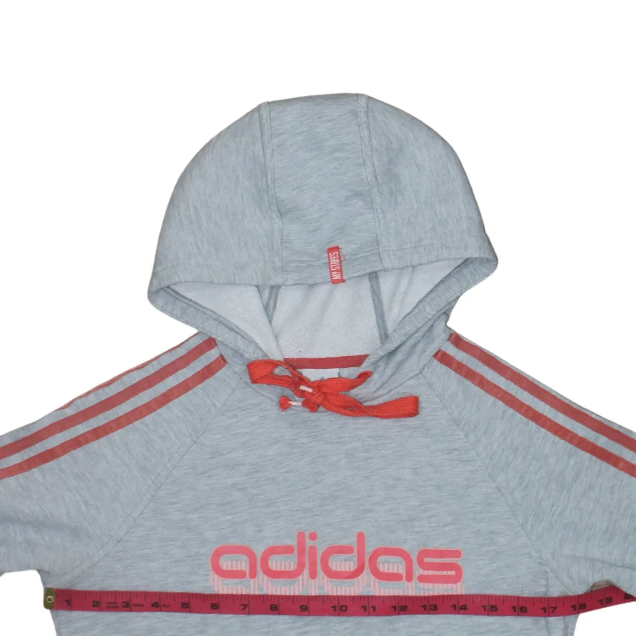 Adidas Grey Hoodie Women’s Small Printed Logo Red Three Stripe Sleeves Pullover Sweatshirt sold by Vintage Club product image thumbnail 5