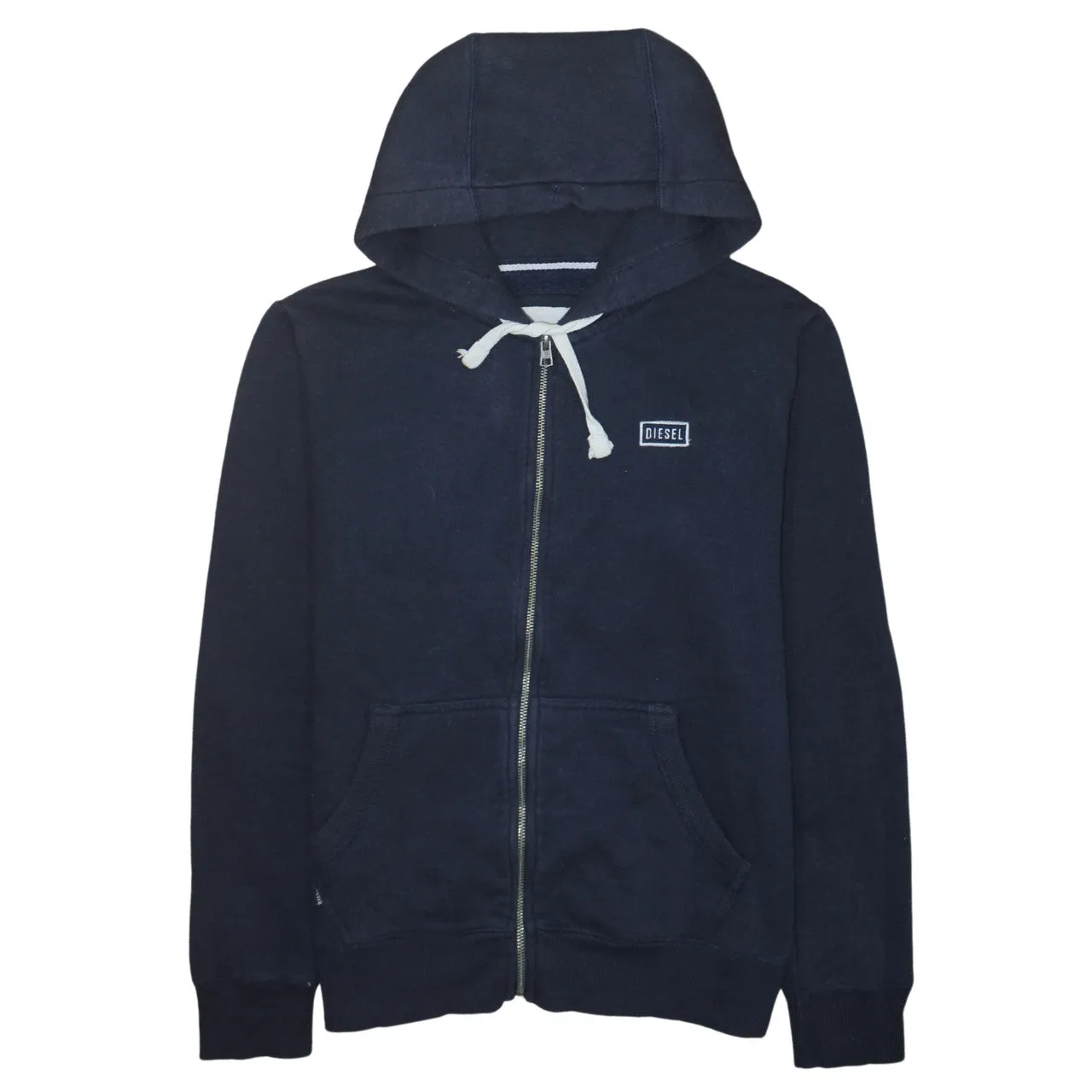 Diesel Navy Blue Zip Hoodie Women’s Medium Embroidered Chest Logo Drawstring Pockets Sweatshirt sold by Vintage Club