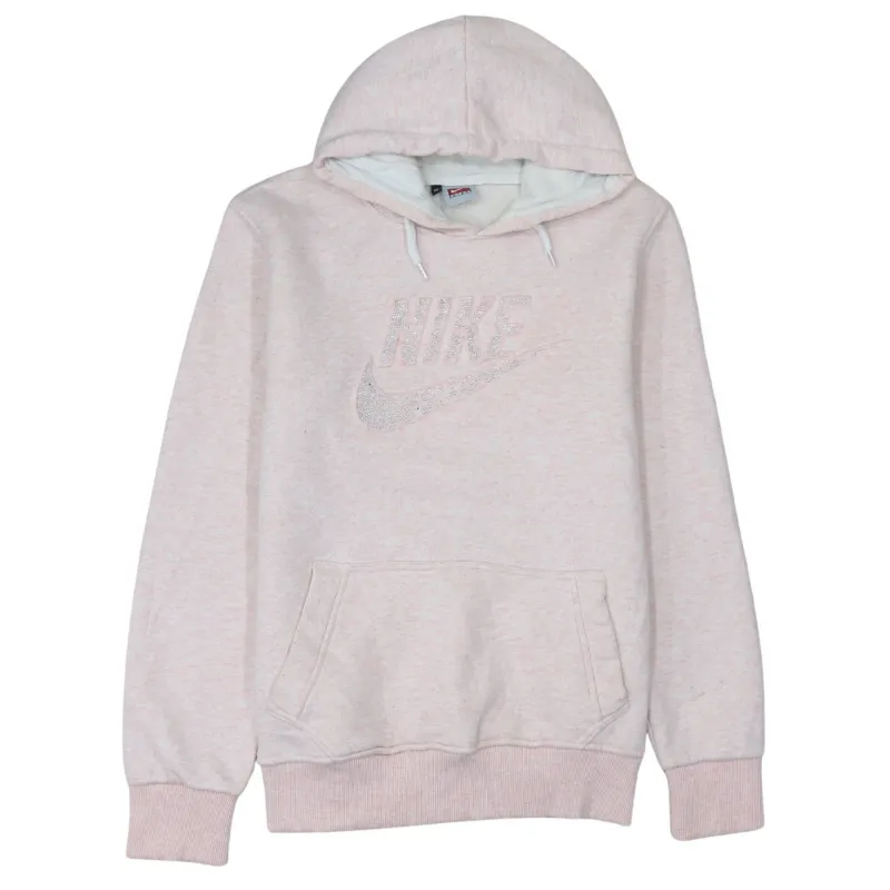Nike Light Pink Hoodie Women’s Medium Glitter Printed Logo Front Pocket Pullover Sweatshirt sold by Vintage Club