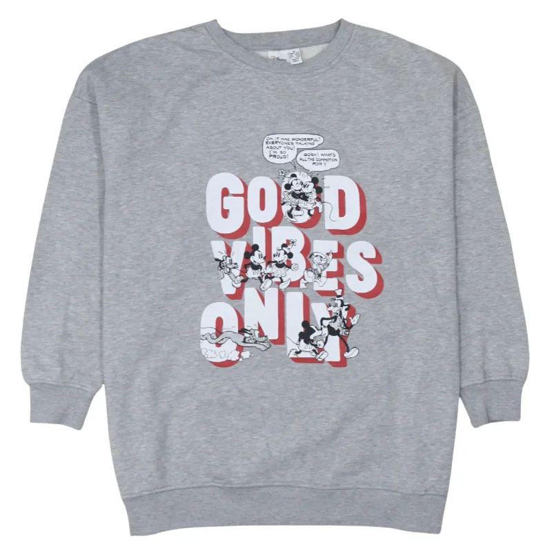 Disney Grey Sweatshirt Women’s Medium Printed Mickey Graphic Good Vibes Only Pullover Top made by Disney