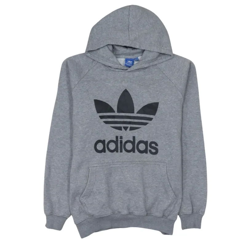 Adidas Grey Trefoil Hoodie Women's Large Printed Logo Front Pocket Fleece Pullover Sweatshirt sold by Vintage Club