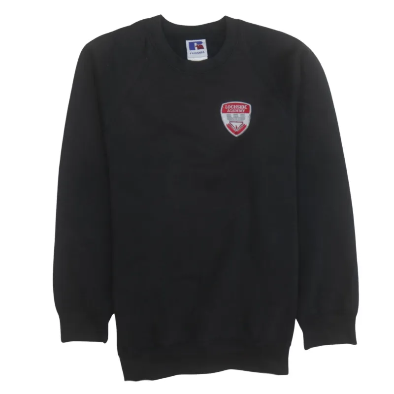 Russell Athletic Black Sweatshirt Men's Medium Embroidered School Crest Logo Crewneck Pullover made by Vintage Club