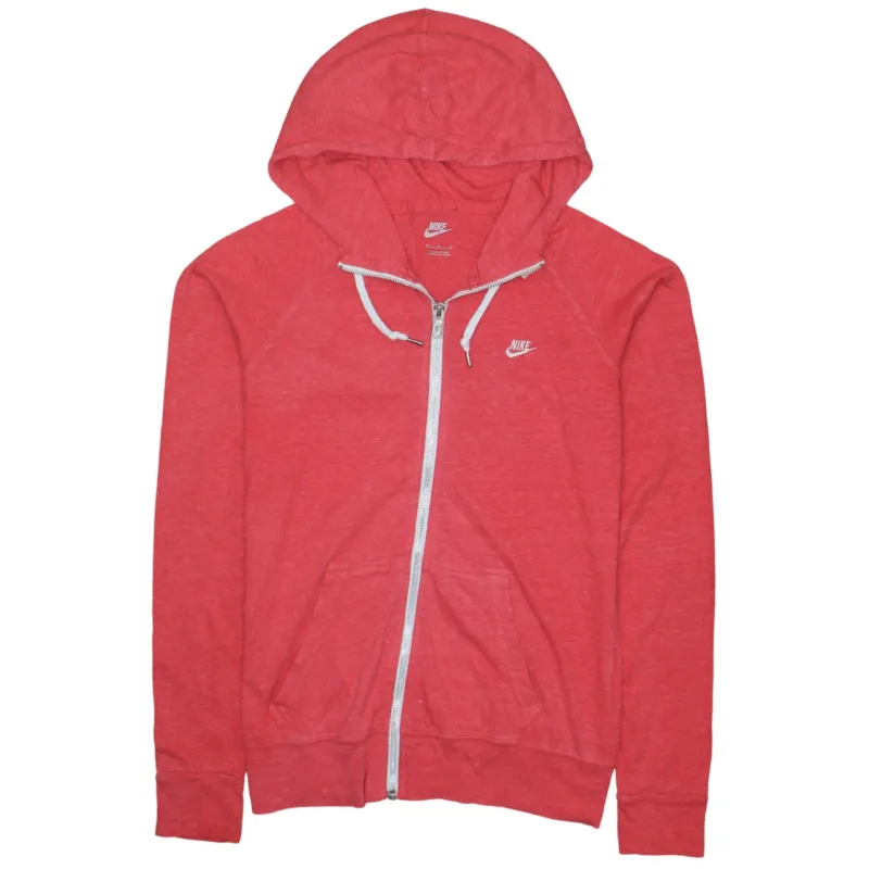 Nike Coral Red Zip Hoodie Women’s Medium Printed Swoosh Logo Drawstring Pockets Sweatshirt made by Nike