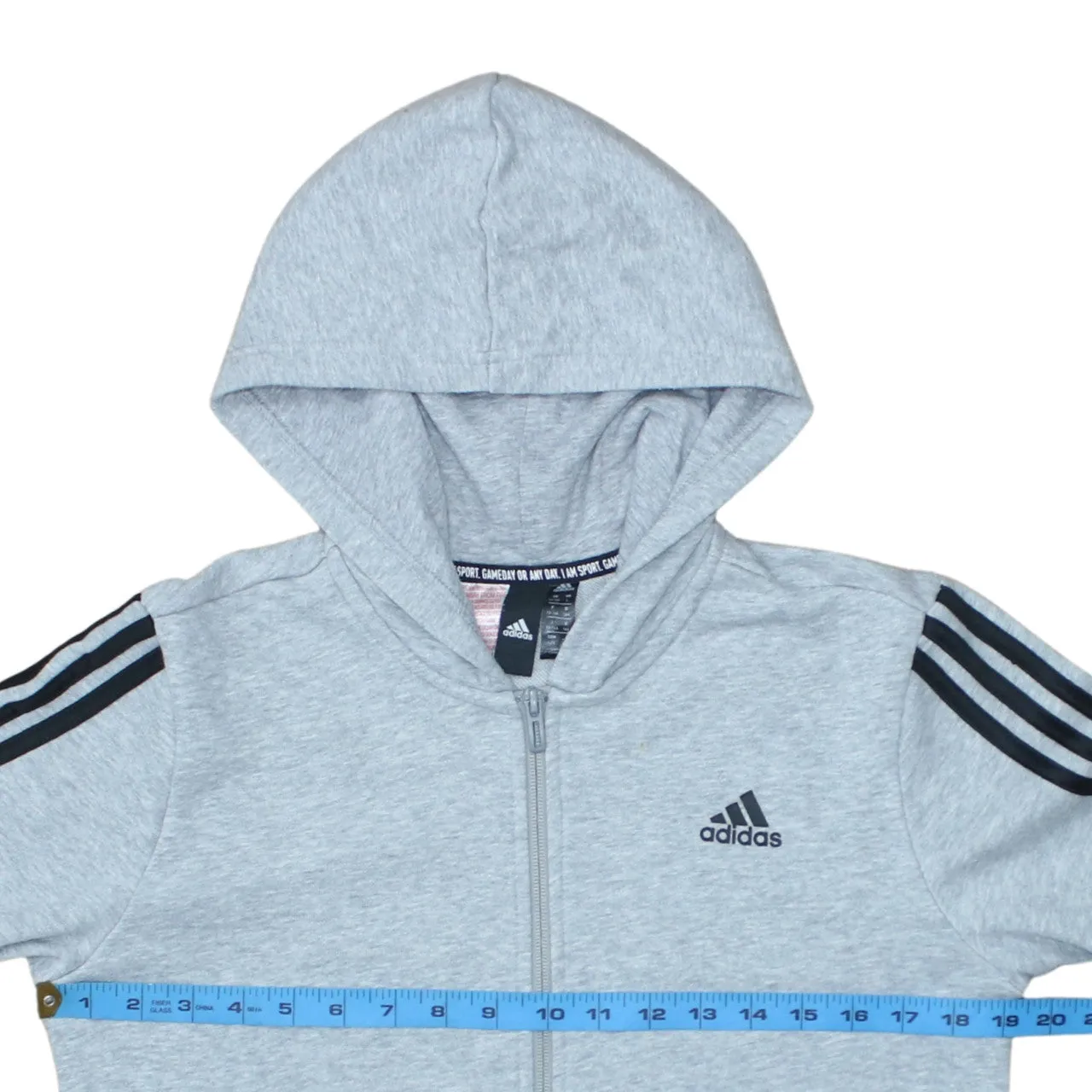Adidas Light Grey Hoodie Women’s Large Full Zip Three Stripe Sleeves Printed Logo Sweatshirt sold by Vintage Club product image thumbnail 5