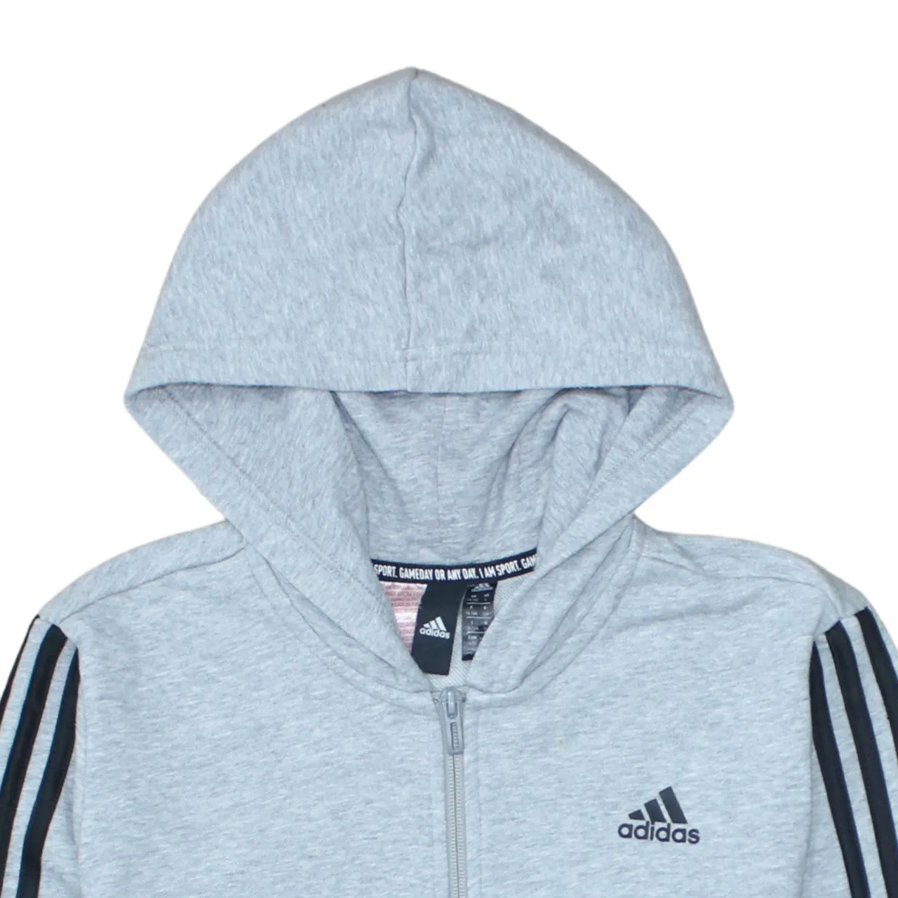 Adidas Light Grey Hoodie Women’s Large Full Zip Three Stripe Sleeves Printed Logo Sweatshirt sold by Vintage Club product image thumbnail 3