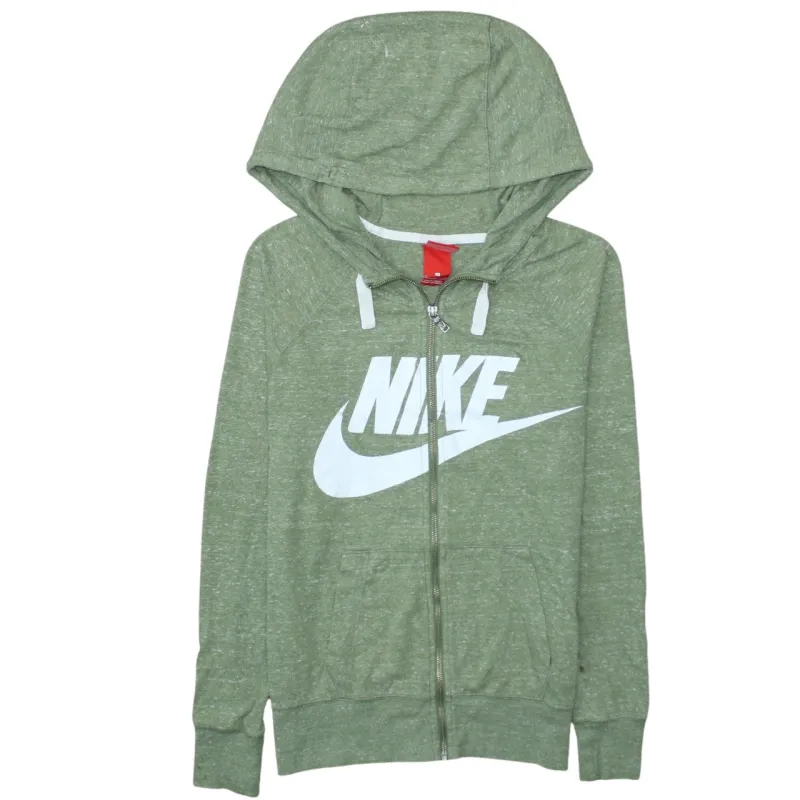 Nike Green Zip Hoodie Women’s Small Printed Logo Drawstring Hood Split Pocket Sweatshirt made by Nike