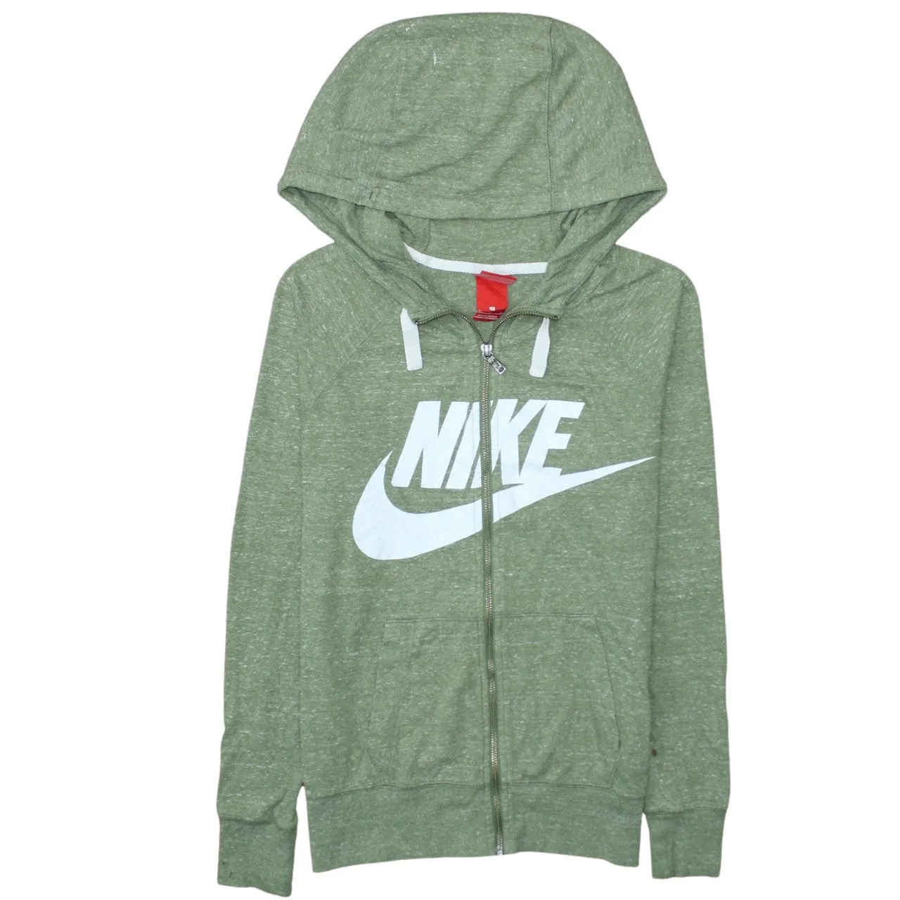 Nike Green Zip Hoodie Women’s Small Printed Logo Drawstring Hood Split Pocket Sweatshirt sold by Vintage Club