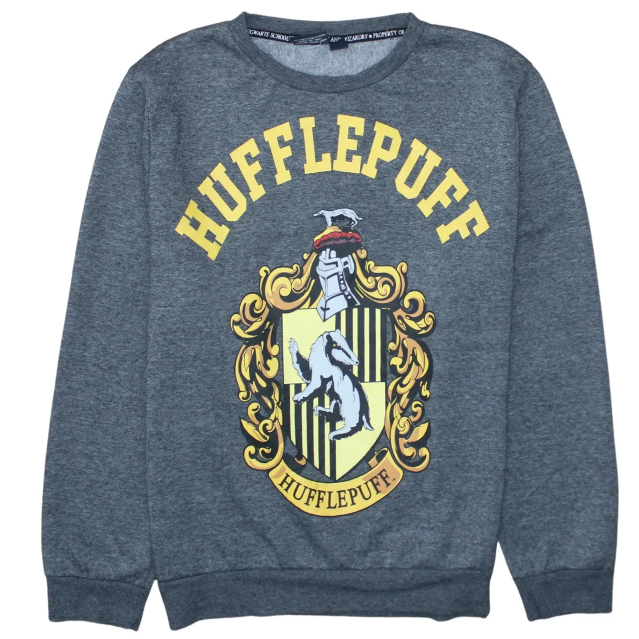 Harry Potter Dark Grey Sweatshirt Women's Large Hufflepuff Crest Printed Graphic Pullover Top sold by Vintage Club