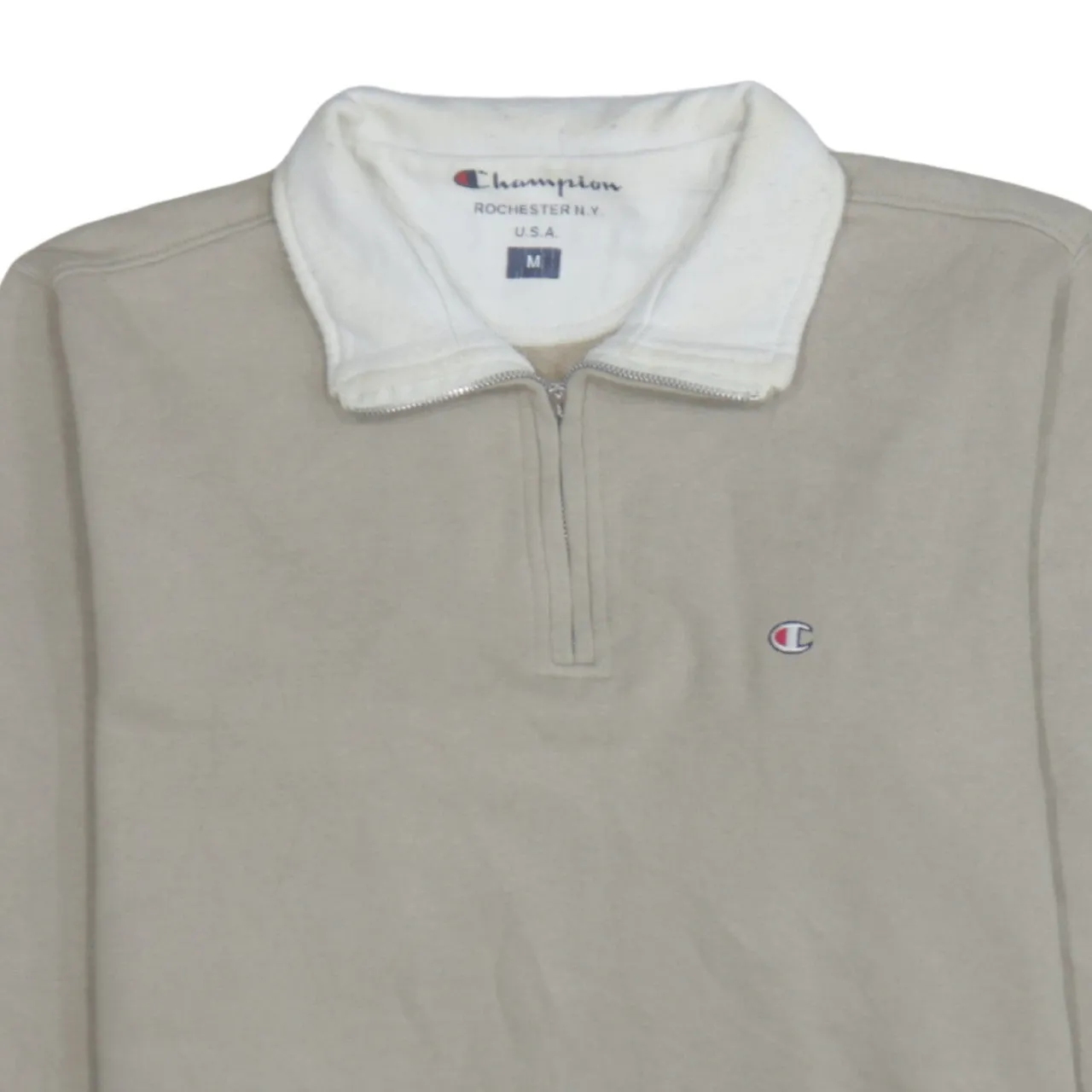 Champion Beige Cream Quarter Zip Sweatshirt Men's Medium Embroidered Logo Fleece Collar Pullover Top sold by Vintage Club product image thumbnail 3