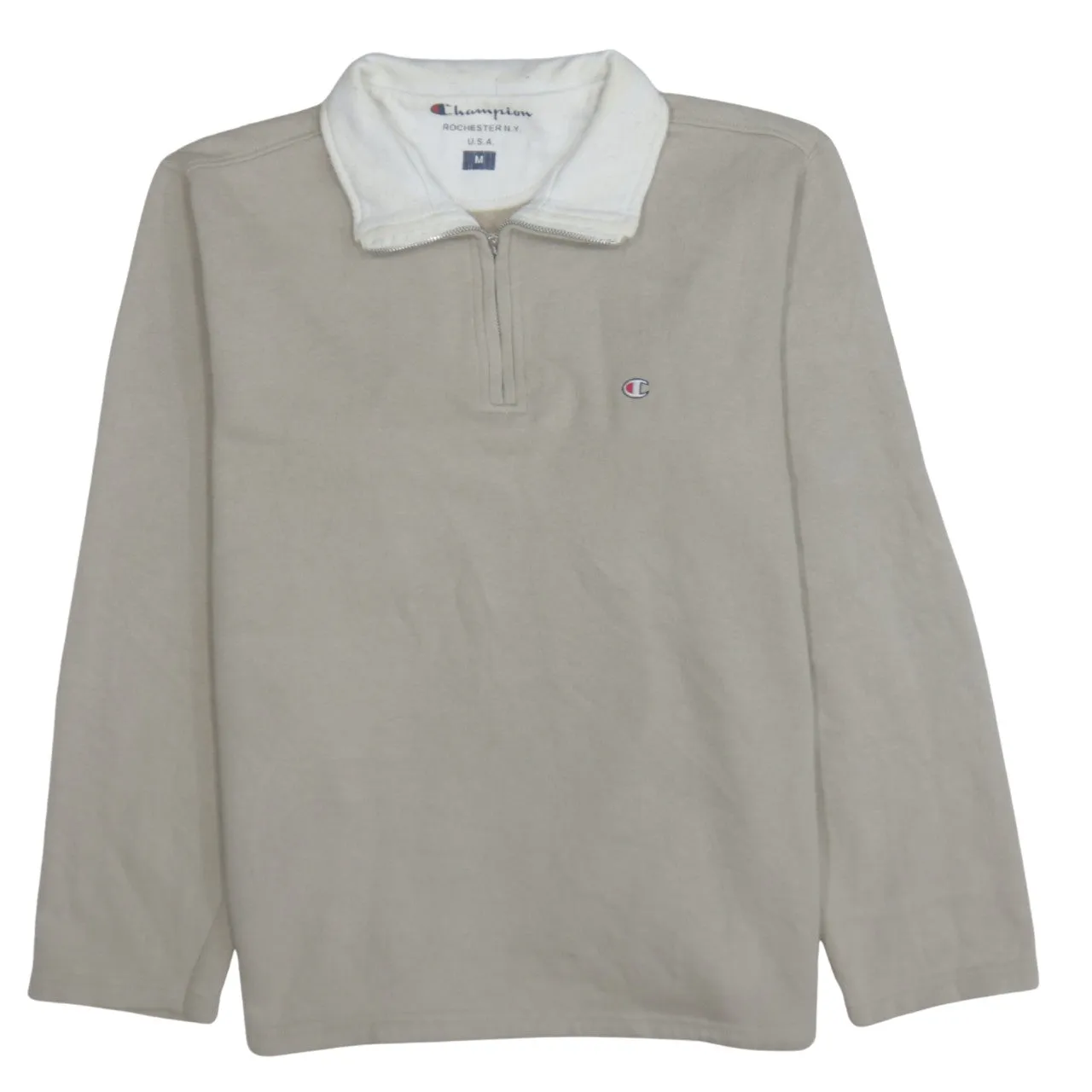 Champion Beige Cream Quarter Zip Sweatshirt Men's Medium Embroidered Logo Fleece Collar Pullover Top sold by Vintage Club