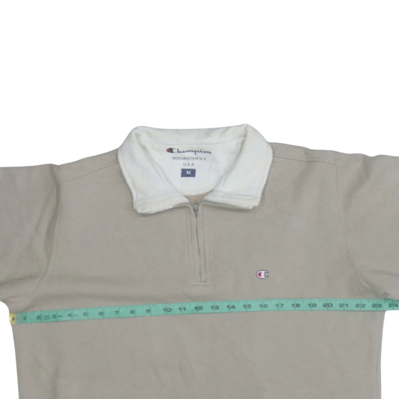 Champion Beige Cream Quarter Zip Sweatshirt Men's Medium Embroidered Logo Fleece Collar Pullover Top sold by Vintage Club product image thumbnail 5
