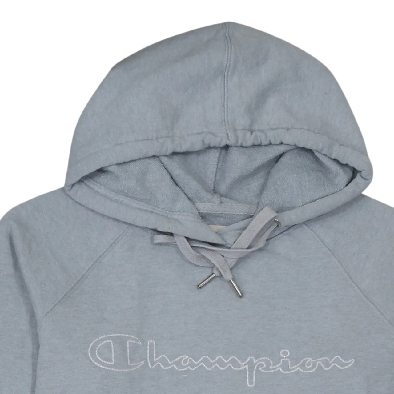 Champion Light Grey Hoodie Women’s Medium Embroidered Script Logo Front Pocket Pullover Sweatshirt sold by Vintage Club product image thumbnail 3