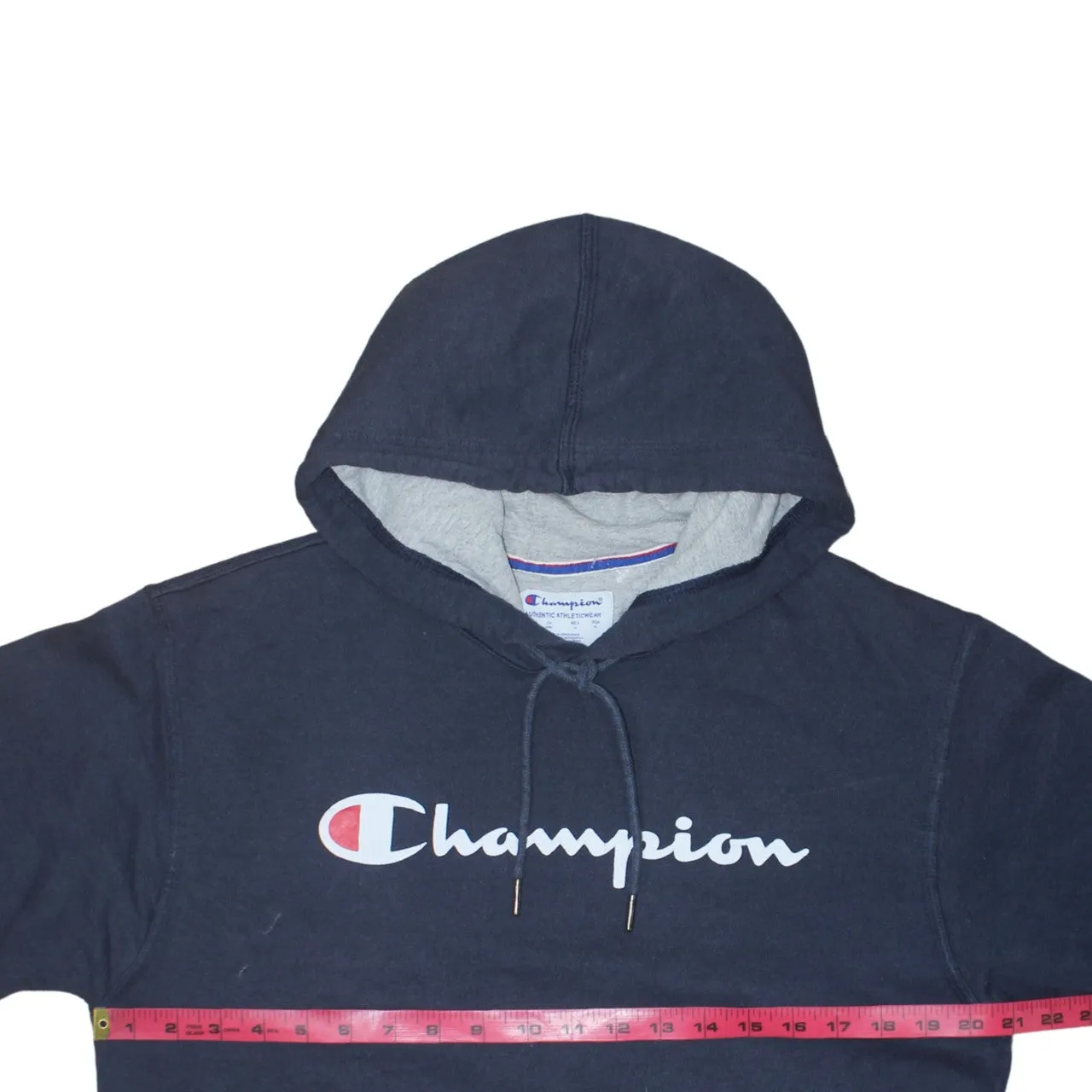 Champion Navy Blue Hoodie Women’s Medium Printed Script Logo Front Pocket Pullover Sweatshirt sold by Vintage Club product image thumbnail 5