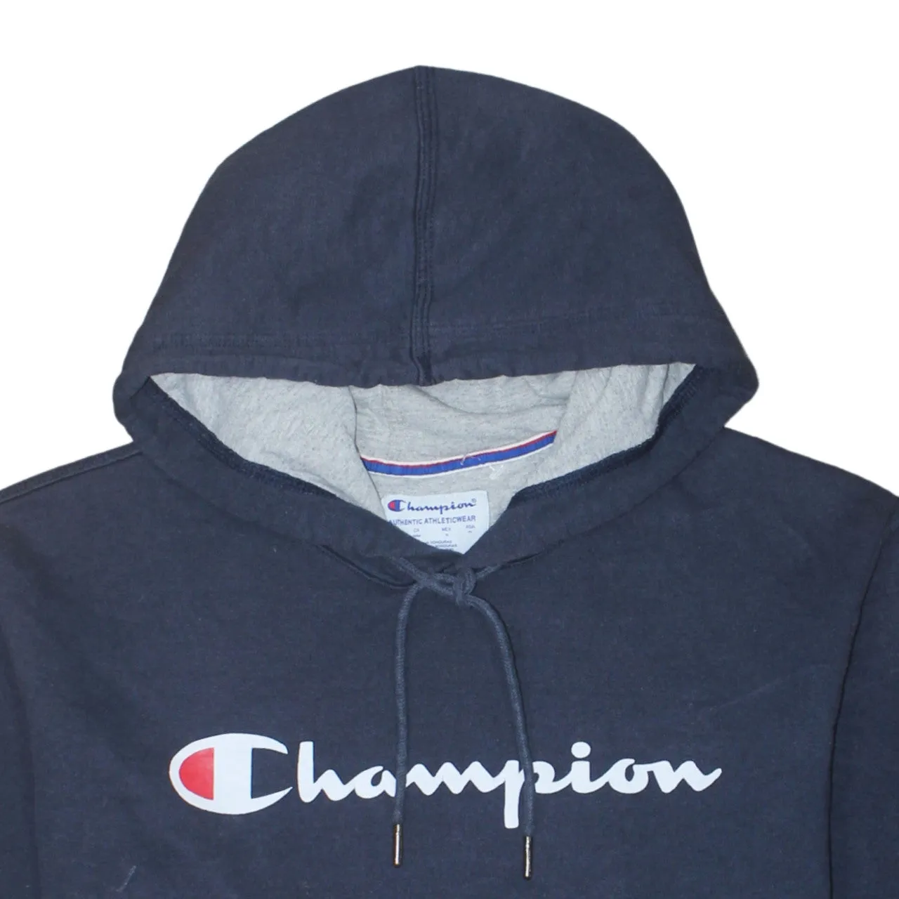 Champion Navy Blue Hoodie Women’s Medium Printed Script Logo Front Pocket Pullover Sweatshirt sold by Vintage Club product image thumbnail 3