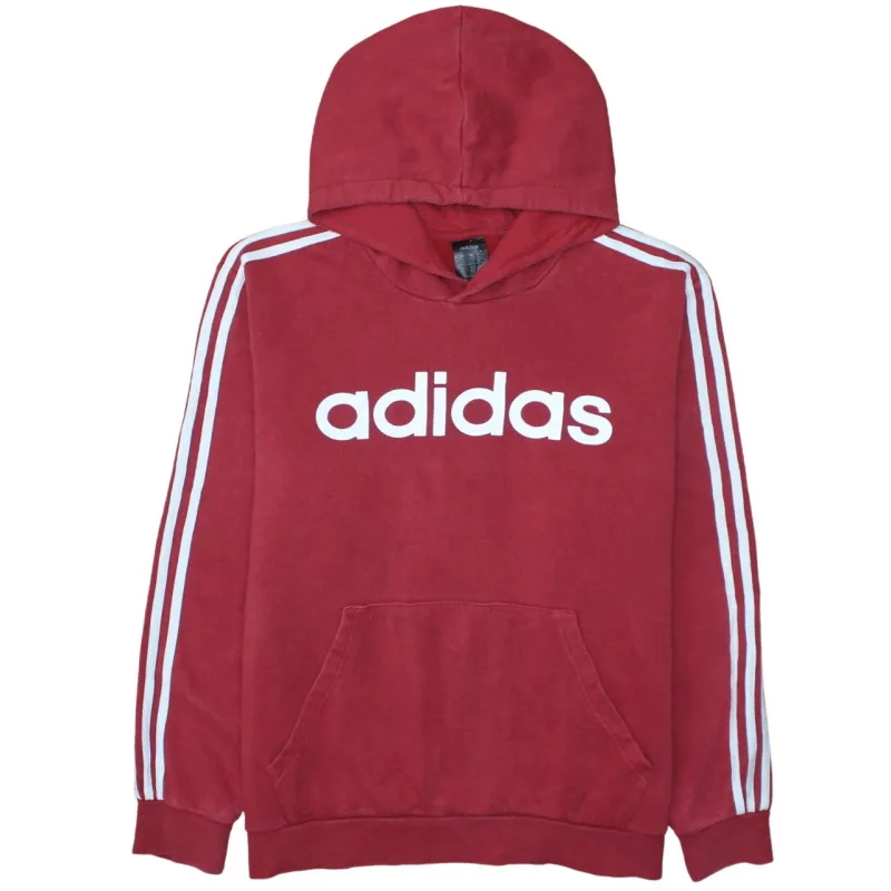 Adidas Burgundy Red Hoodie Men's XLarge Printed Logo Three Stripe Sleeves Pullover Sweatshirt sold by Vintage Club