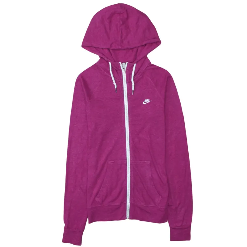 Nike Pink Zip Hoodie Women’s Small Printed Swoosh Drawstring Hood Split Pocket Sweatshirt sold by Vintage Club