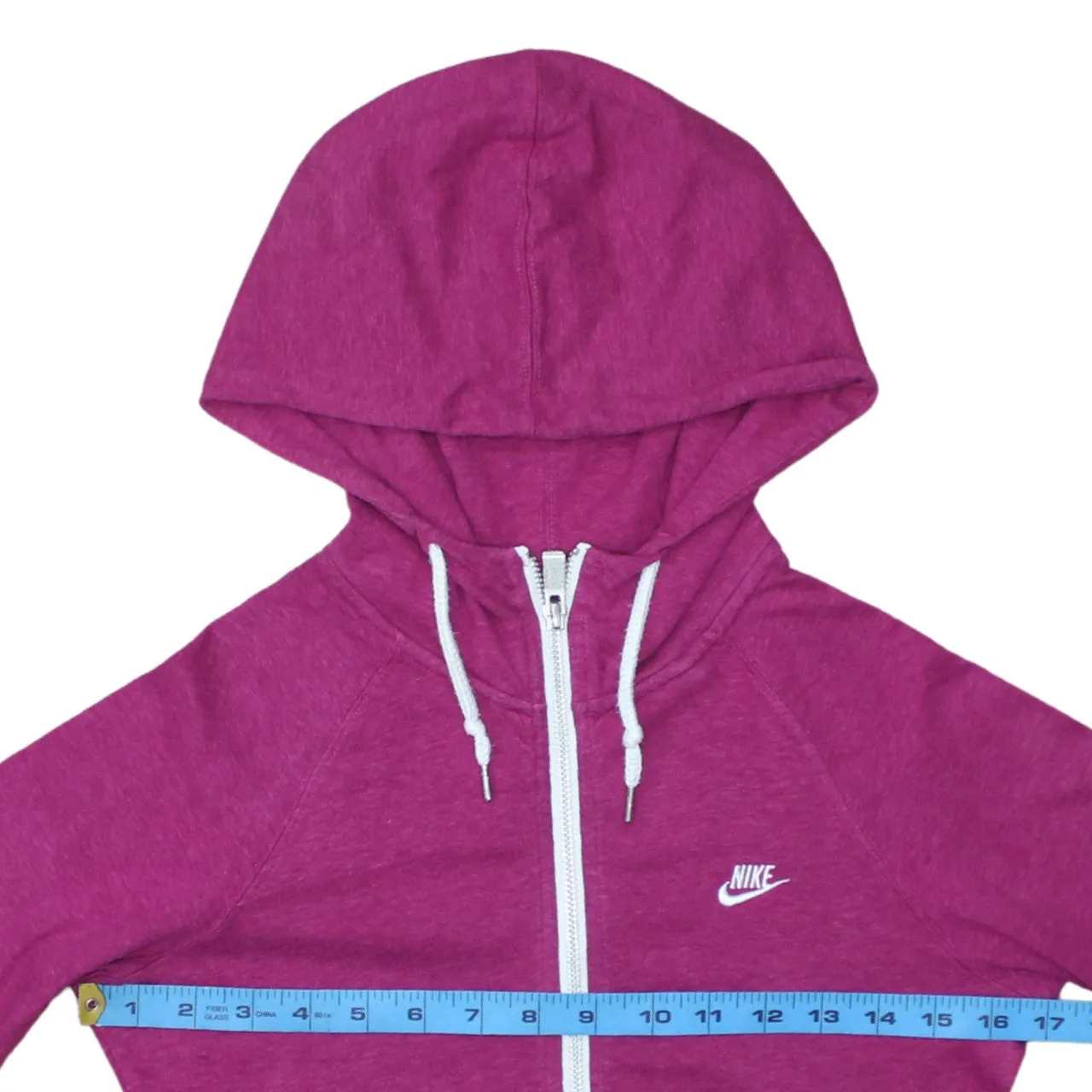 Nike Pink Zip Hoodie Women’s Small Printed Swoosh Drawstring Hood Split Pocket Sweatshirt sold by Vintage Club product image thumbnail 5