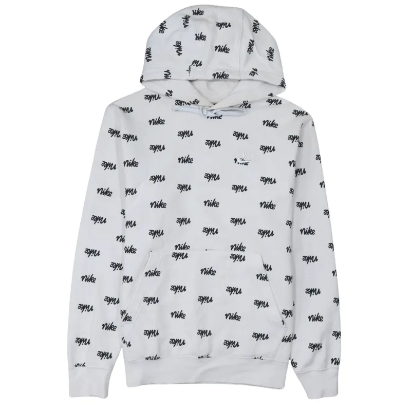 Nike White All Over Logo Hoodie Men’s Small Printed Script Pullover Sweatshirt sold by Vintage Club