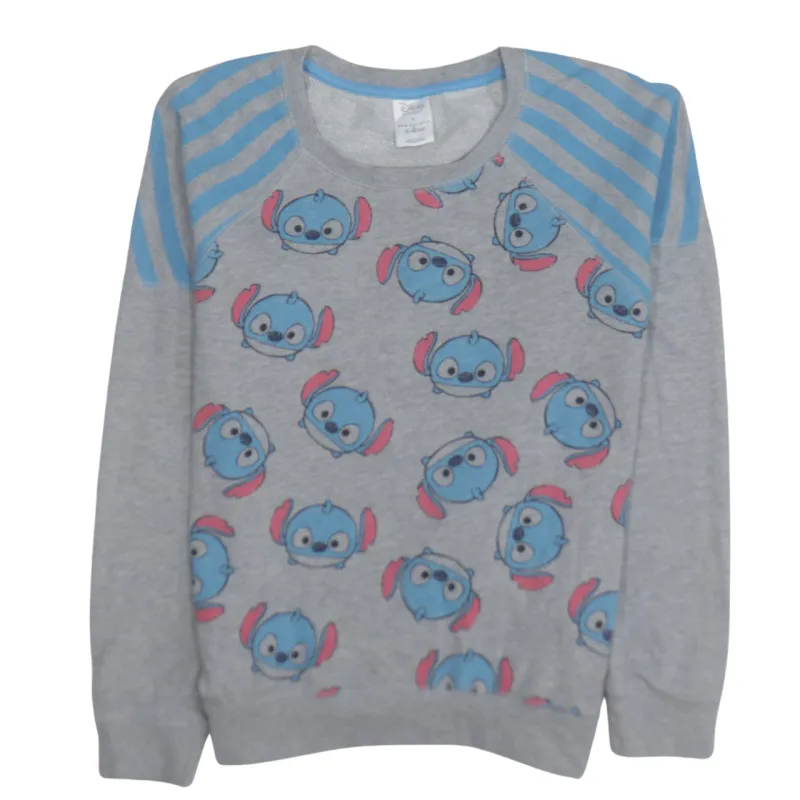 Disney Grey Sweatshirt Women's XLarge Stitch All Over Print Striped Shoulder Pullover Jumper sold by Vintage Club