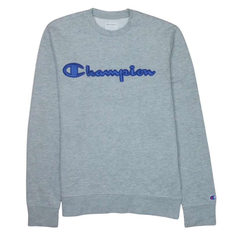 Champion Grey Crewneck Sweatshirt Men's Small Embroidered Script Logo Ribbed Cuffs Pullover sold by Vintage Club