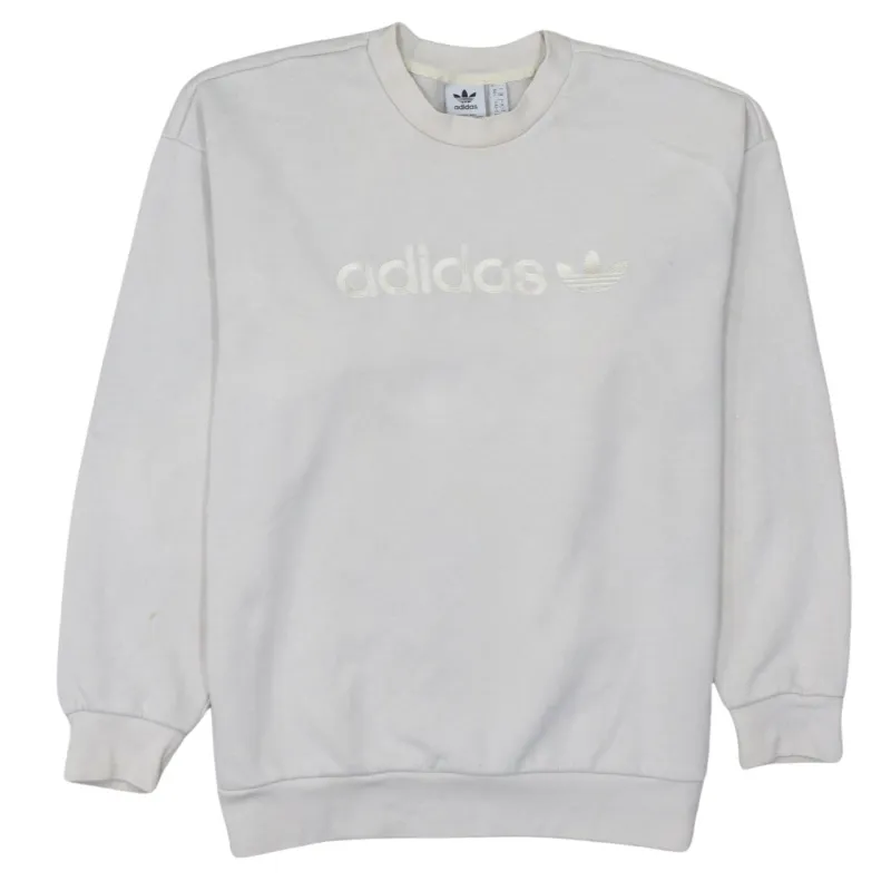 Adidas Cream Sweatshirt Women’s Large Embroidered Trefoil Logo Crewneck Pullover Fleece Top made by Adidas