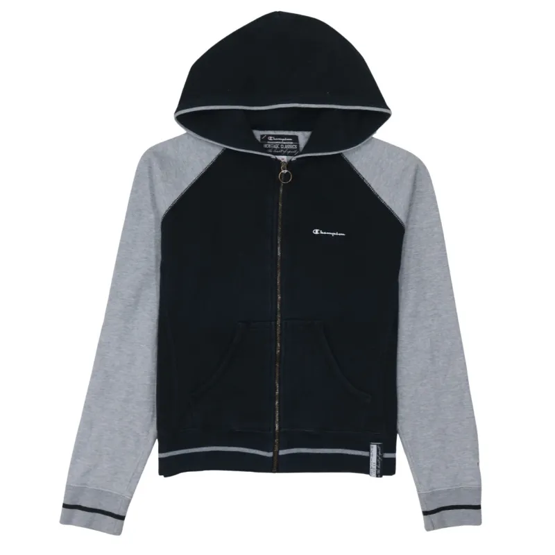Champion Black Grey Hoodie Women’s Medium Zip Front Embroidered Logo Contrast Sleeves Sweatshirt sold by Vintage Club