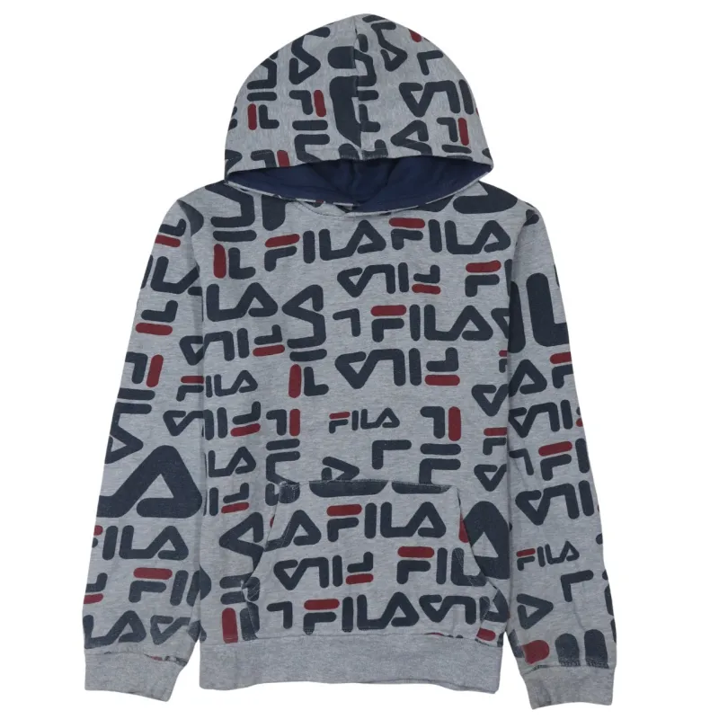 Fila Grey All Over Logo Hoodie Women's XXLarge Printed Graphic Pullover Sweatshirt sold by Vintage Club