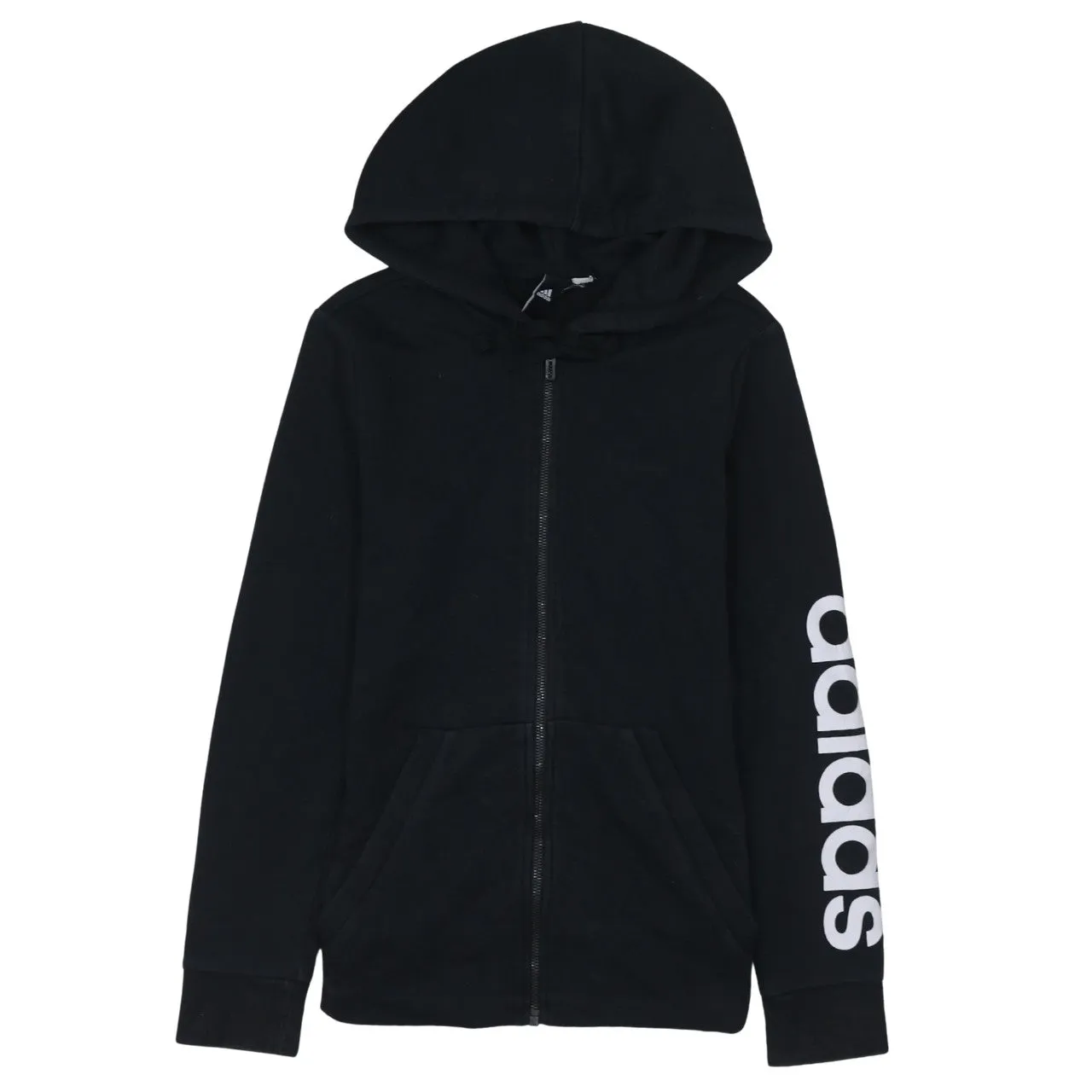 Adidas Black Zip Hoodie Women’s XSmall Printed Sleeve Logo Front Pockets Casual Top sold by Vintage Club