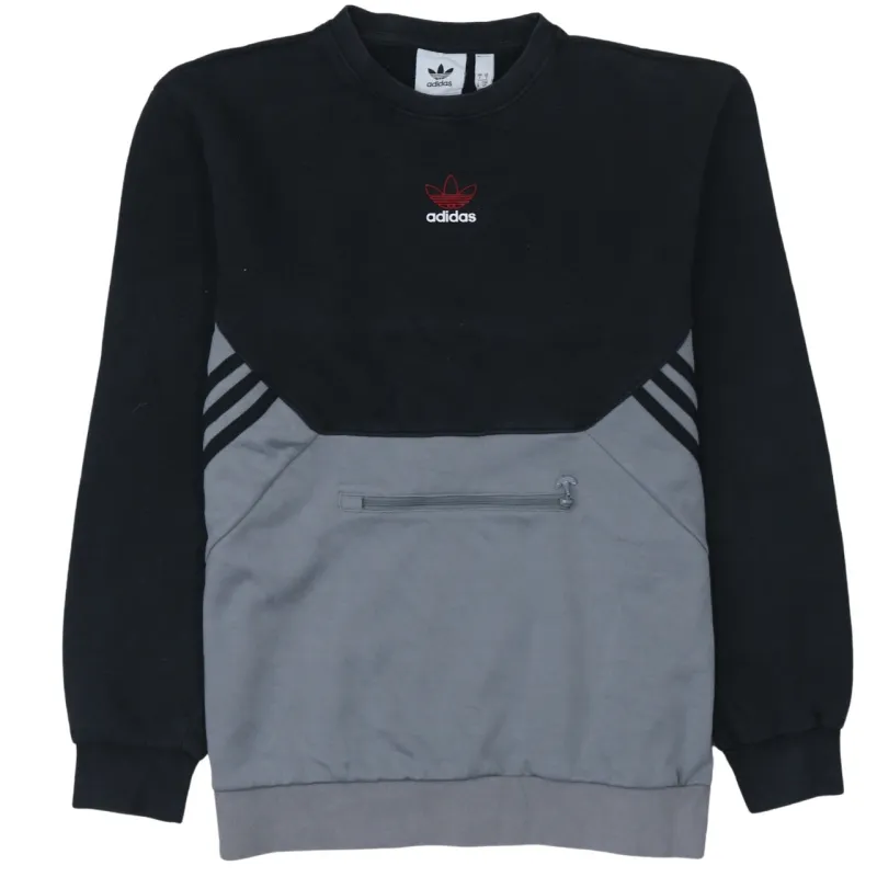 Adidas Black Grey Sweatshirt Men's Small Embroidered Trefoil Zip Pocket Crewneck Pullover sold by Vintage Club