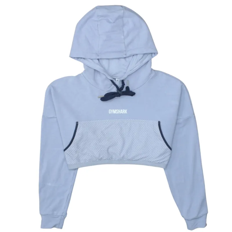 Gymshark Light Blue Cropped Hoodie Women’s Medium Mesh Pocket Printed Logo Pullover Top made by Gymshark