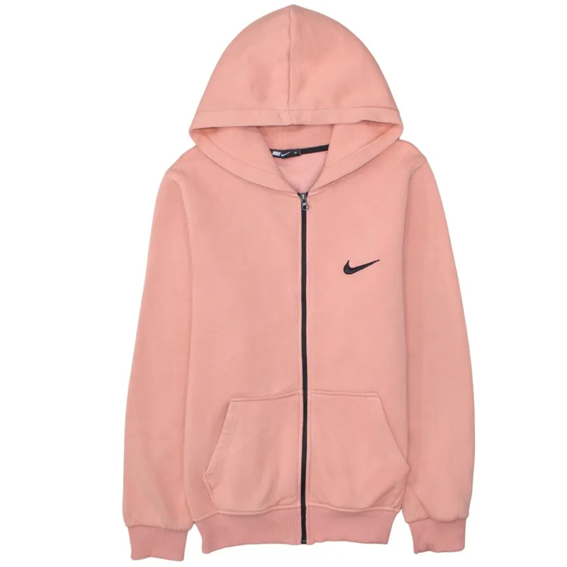 Nike Pink Full Zip Hoodie Women’s Medium Embroidered Swoosh Split Pocket Fleece Sweatshirt sold by Vintage Club