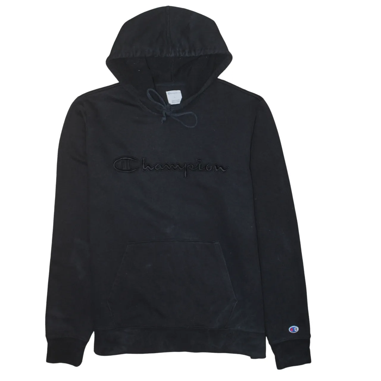 Champion Black Hoodie Men's Large Embroidered Script Logo Front Pocket Pullover Sweatshirt sold by Vintage Club
