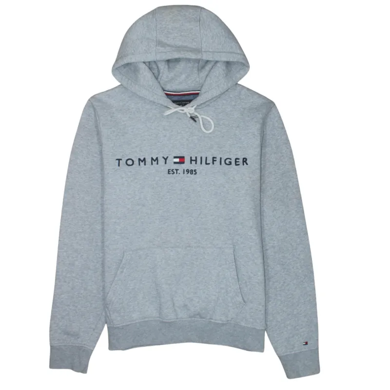 Tommy Hilfiger Light Grey Hoodie Women's Medium Embroidered Logo Front Pocket Pullover Sweatshirt sold by Vintage Club