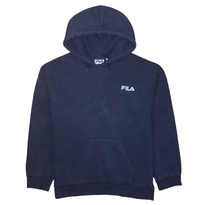 Fila Navy Blue Hoodie Women’s Large Embroidered Chest Logo Drawstring Pullover Sweatshirt sold by Vintage Club