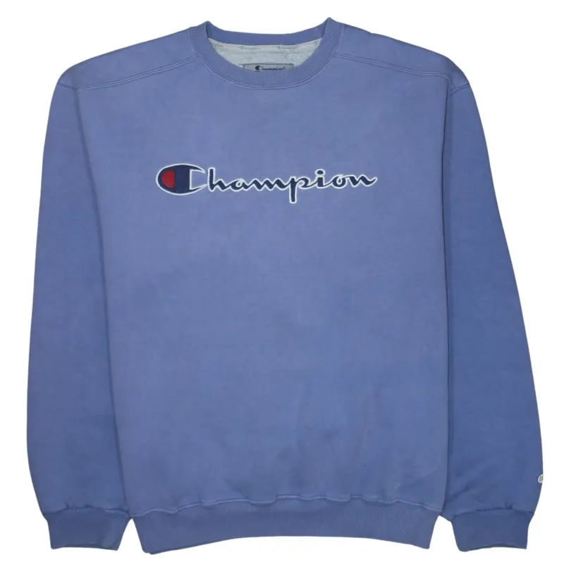 Champion Blue Sweatshirt Men’s XLarge Embroidered Script Logo Ribbed Crewneck Pullover sold by Vintage Club