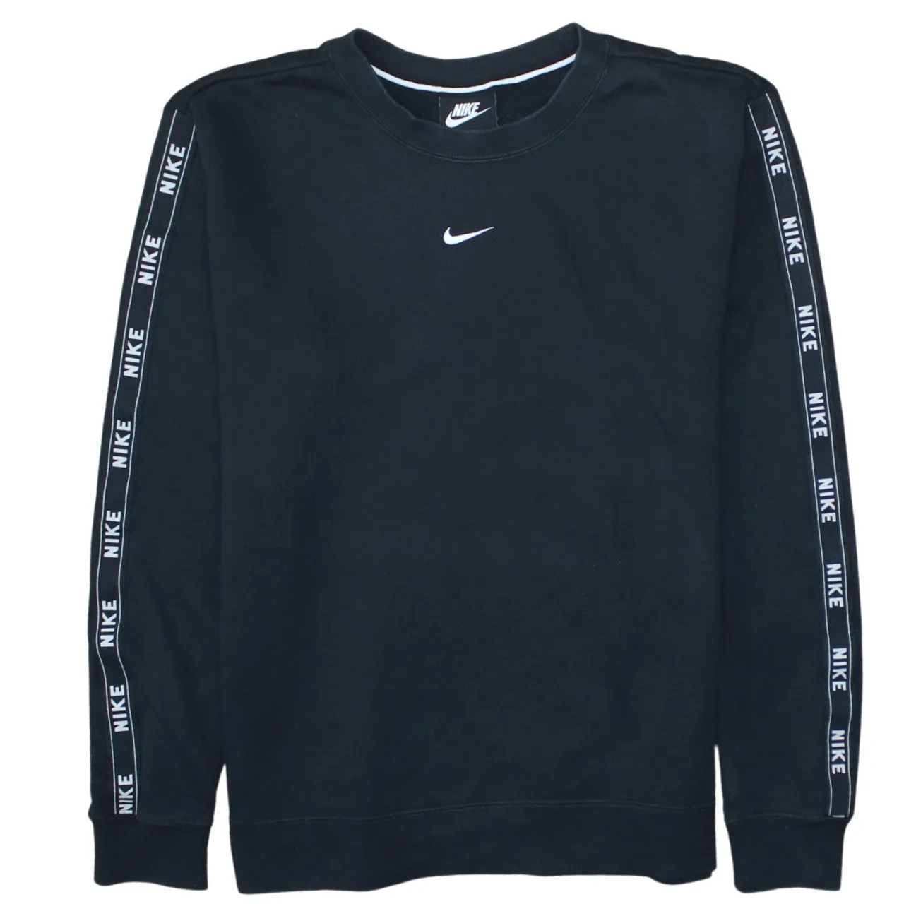 Nike Black Sweatshirt Men's Small Embroidered Swoosh Branded Sleeve Tape Pullover Top sold by Vintage Club