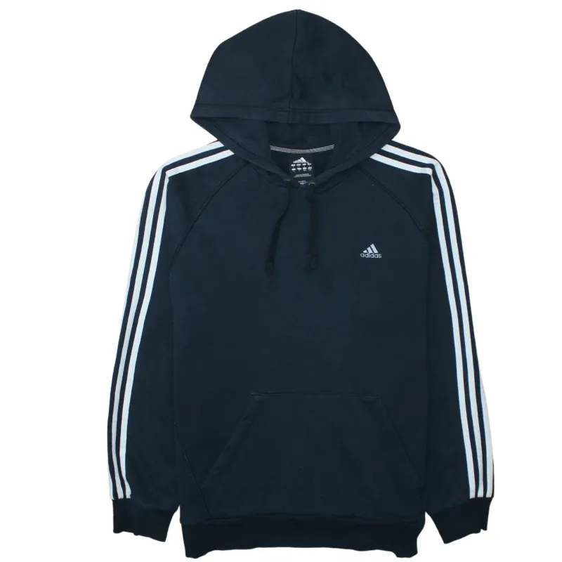 Adidas Navy Blue Hoodie Women's Large Embroidered Logo Three Stripe Sleeve Pullover Sweatshirt sold by Vintage Club