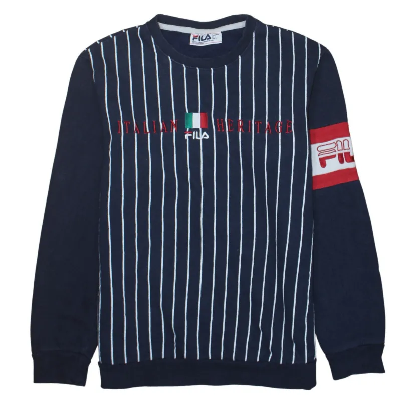 Fila Navy Blue Sweatshirt Men's Small Embroidered Italian Heritage Stripe Logo Pullover Top sold by Vintage Club