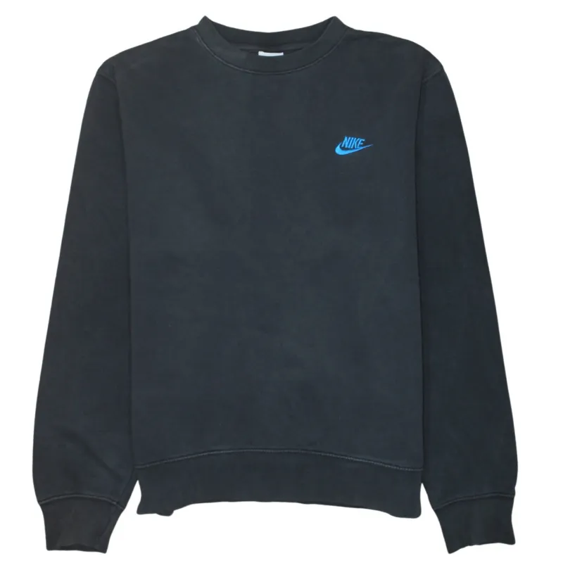Nike Black Sweatshirt Men's Medium Blue Embroidered Swoosh Logo Crewneck Pullover Top sold by Vintage Club
