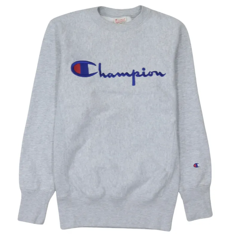 Champion Grey Sweatshirt Women’s Small Embroidered Script Logo Crewneck Pullover Fleece Top sold by Vintage Club