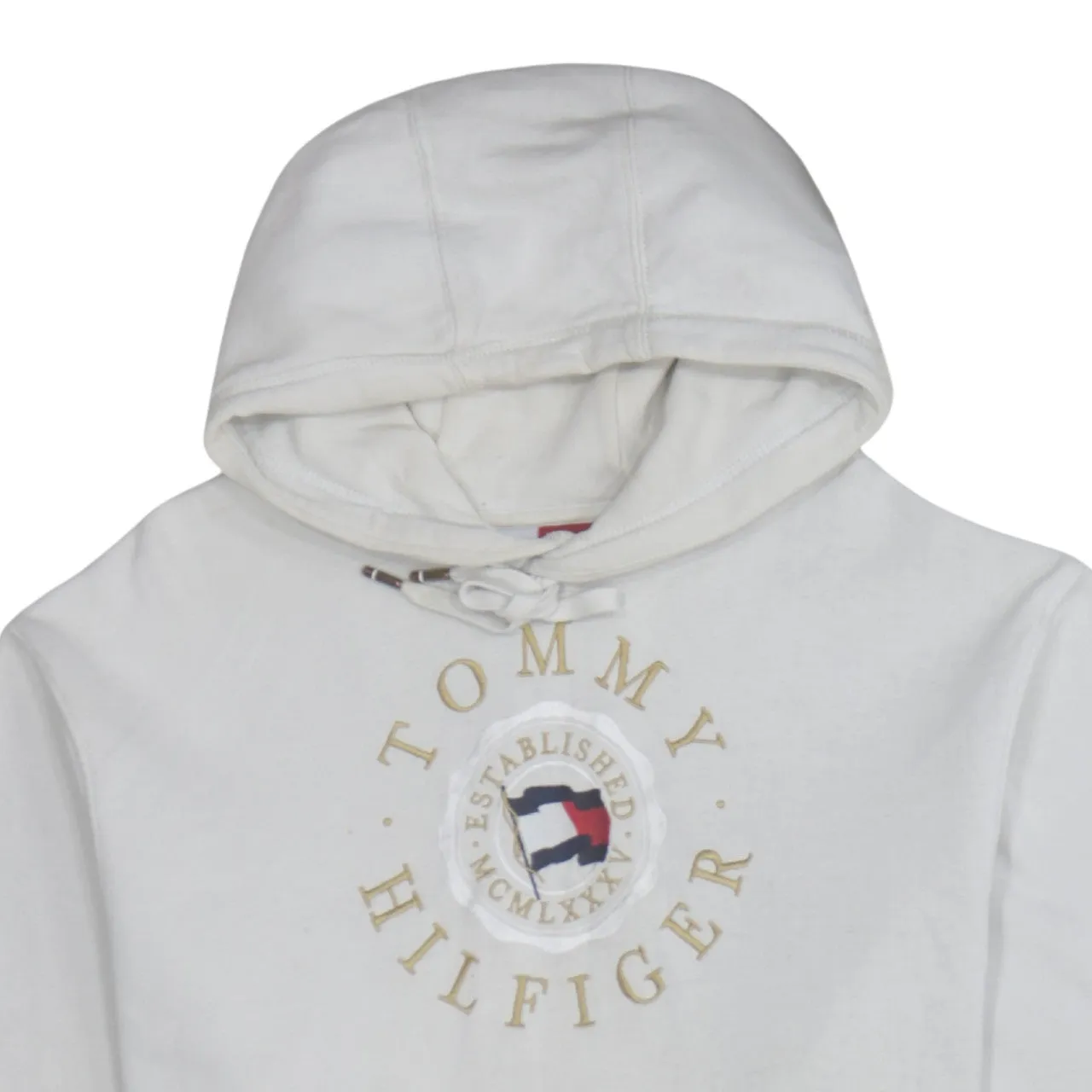 Tommy Hilfiger Off White Hoodie Men's Large Printed Crest Logo Front Pocket Pullover Sweatshirt sold by Vintage Club product image thumbnail 3