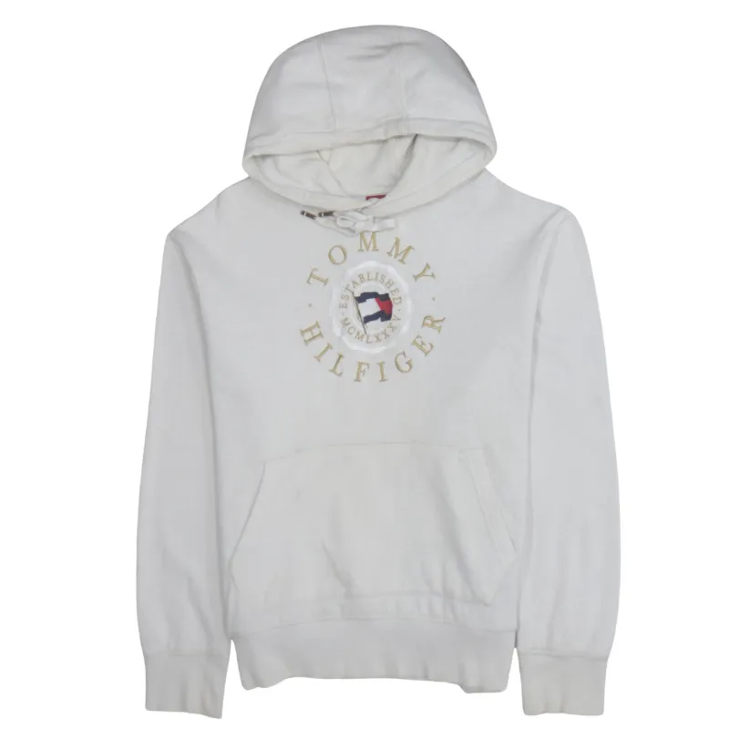 Tommy Hilfiger Off White Hoodie Men's Large Printed Crest Logo Front Pocket Pullover Sweatshirt sold by Vintage Club