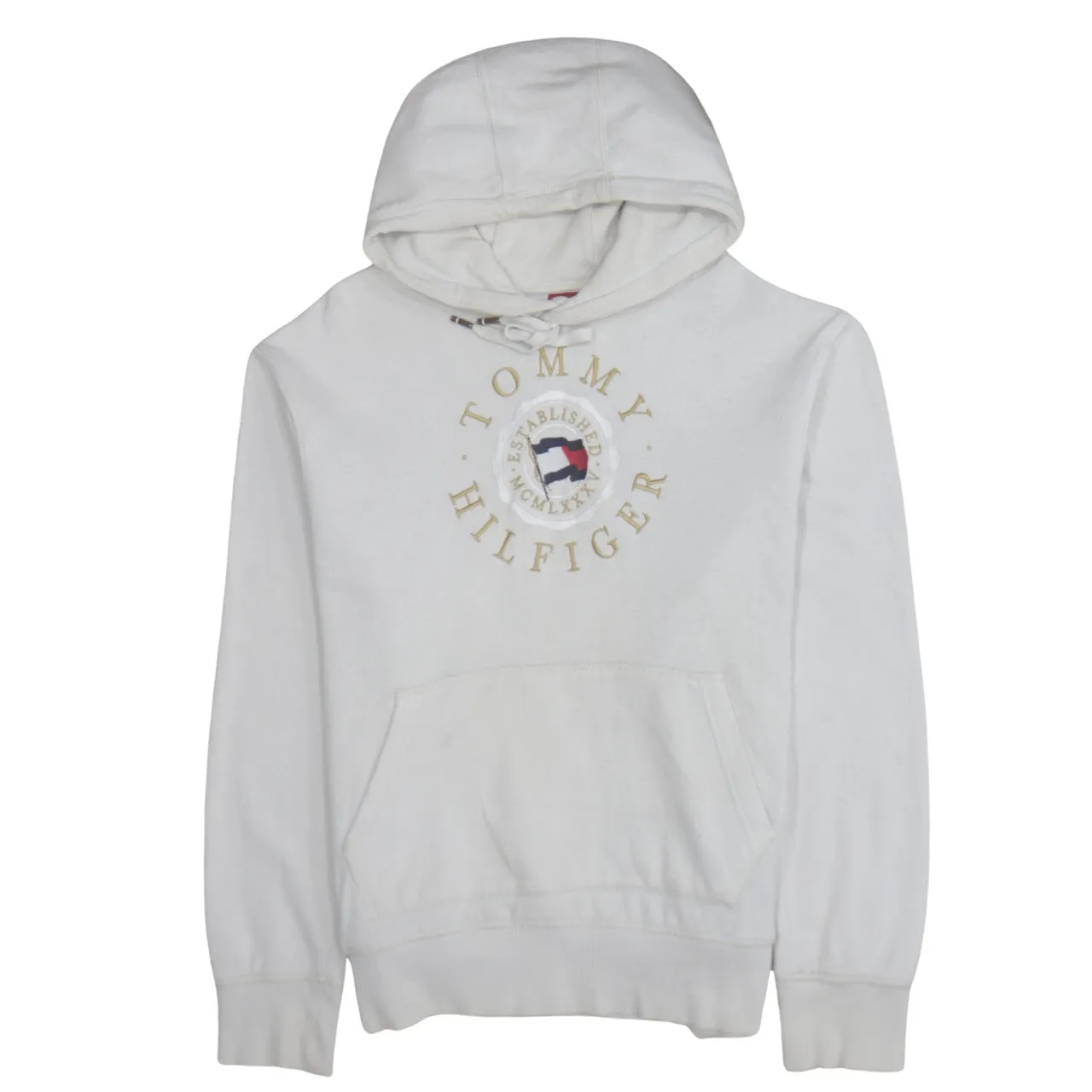 Tommy Hilfiger Off White Hoodie Men's Large Printed Crest Logo Front Pocket Pullover Sweatshirt sold by Vintage Club
