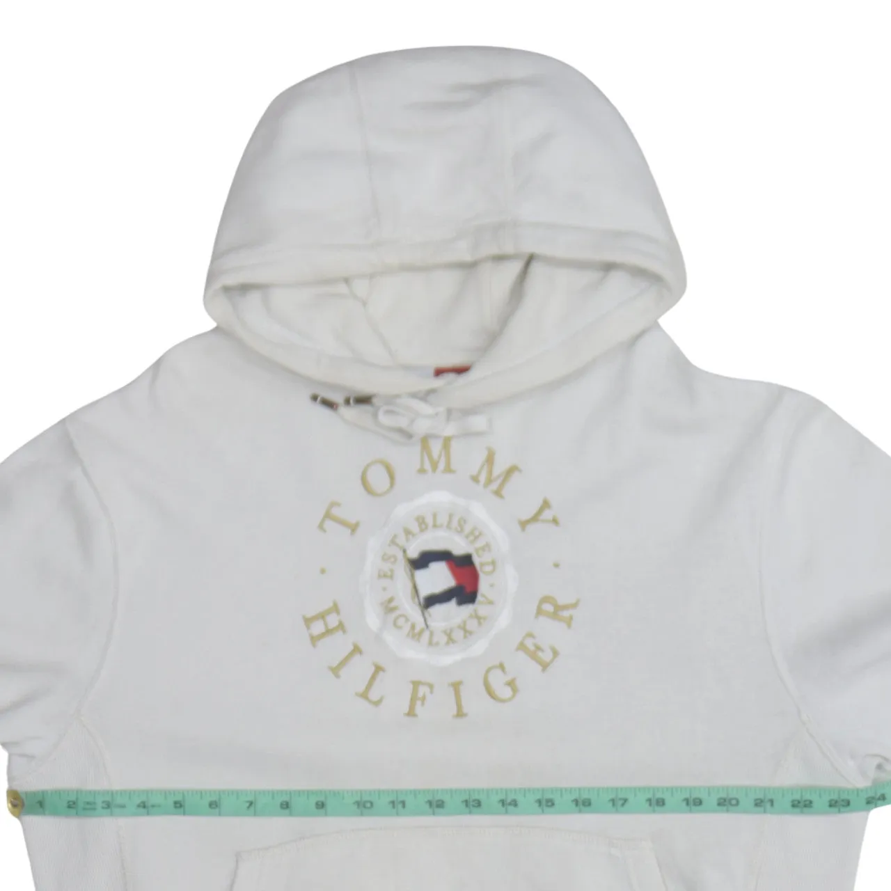 Tommy Hilfiger Off White Hoodie Men's Large Printed Crest Logo Front Pocket Pullover Sweatshirt sold by Vintage Club product image thumbnail 5